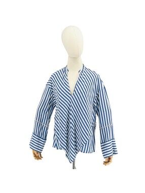 Derek Lam Blue White Striped 100% Silk Asymmetrical Blouse